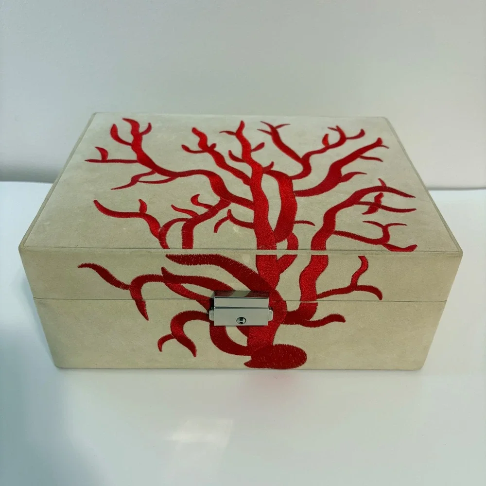 Jewelry Box Coral Embroidered Coastal Cream Red Organizer Small Mirror